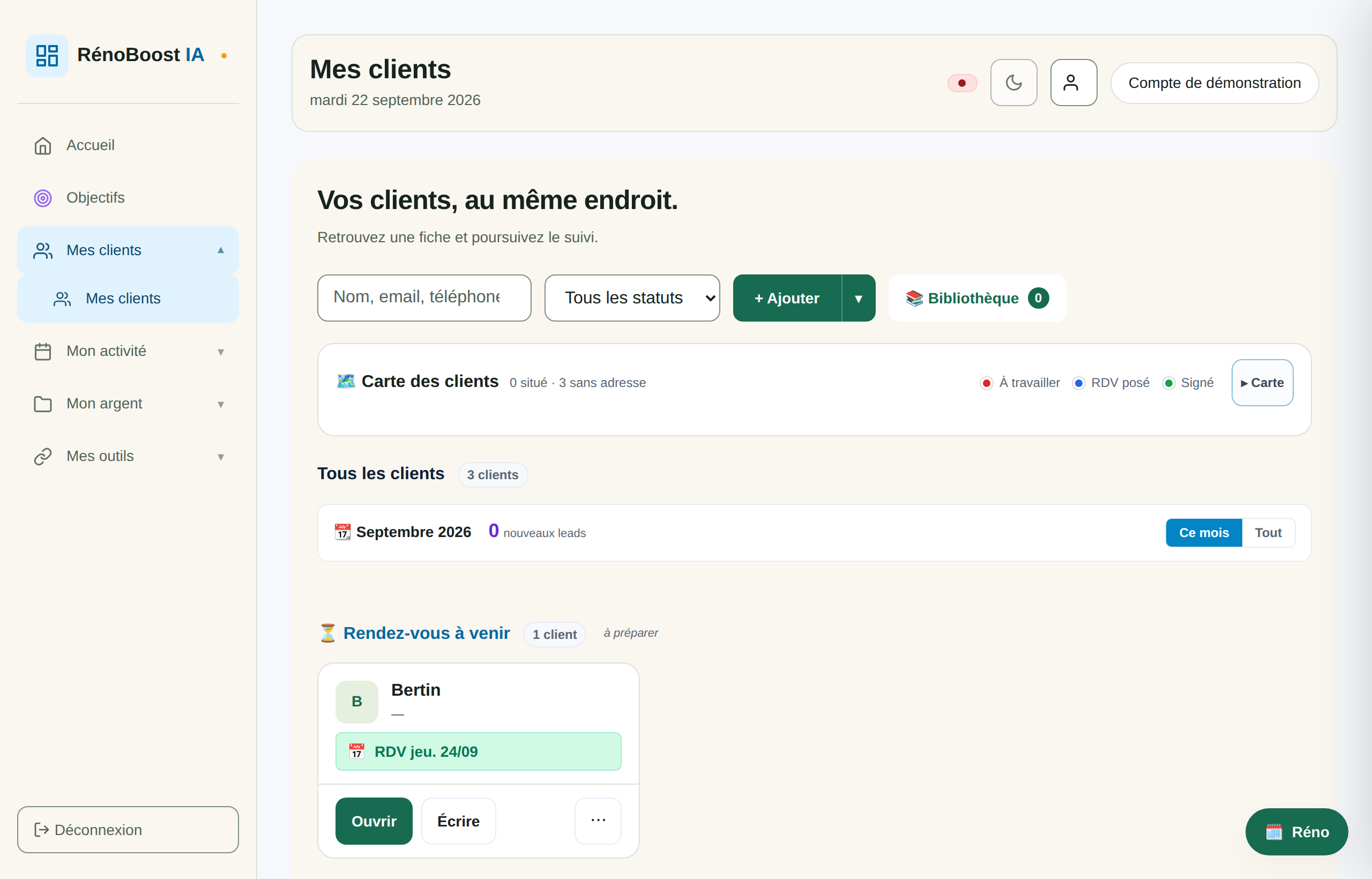 Console Rénoboost, fiches clients et suivi commercial sur des données d’exemple